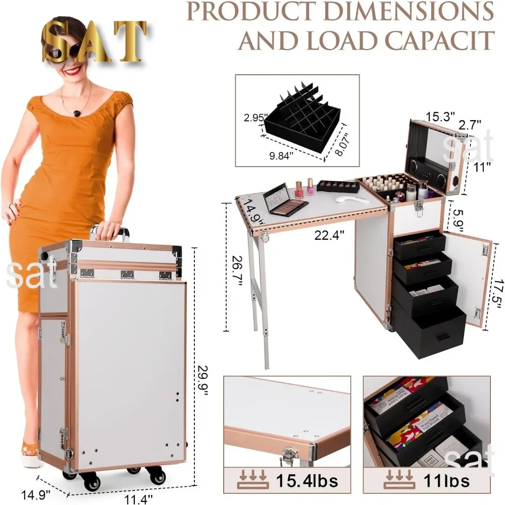 # Hot Sales Portable Rolling Manicure Table Foldable Traveling Nail Desk W/Storage Bluetooth Player Cosmetic Trolley Case Nail T