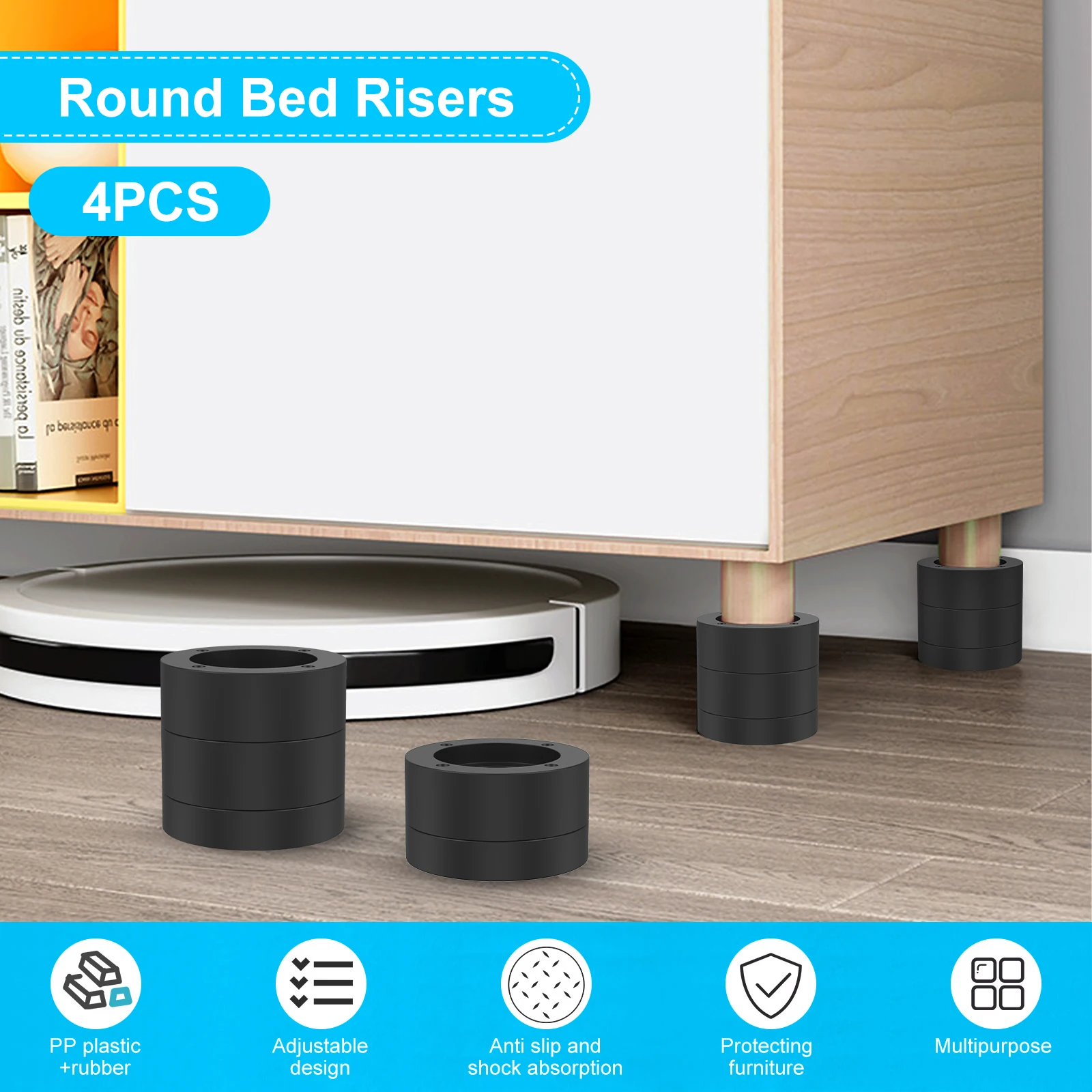 4Pcs Round Furniture Riser Heavy Duty Bed Chair Riser Support 1300lb Anti-Slip Washing Machine Desk Couch Bottom Leg Raiser