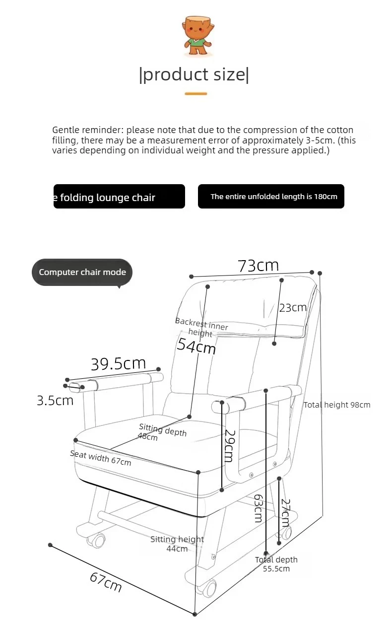 Foldable Recliner Chair Multifunctional Lounger for Office Ergonomic Computer Desk Sofa Chair with Adjustable Backrest Nap Bed
