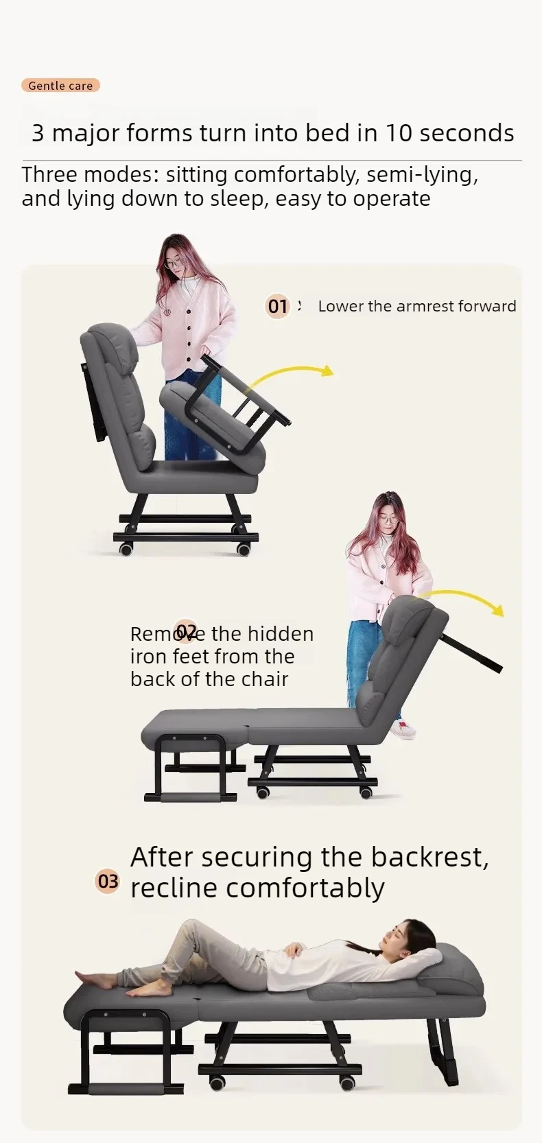 Foldable Recliner Chair Multifunctional Lounger for Office Ergonomic Computer Desk Sofa Chair with Adjustable Backrest Nap Bed