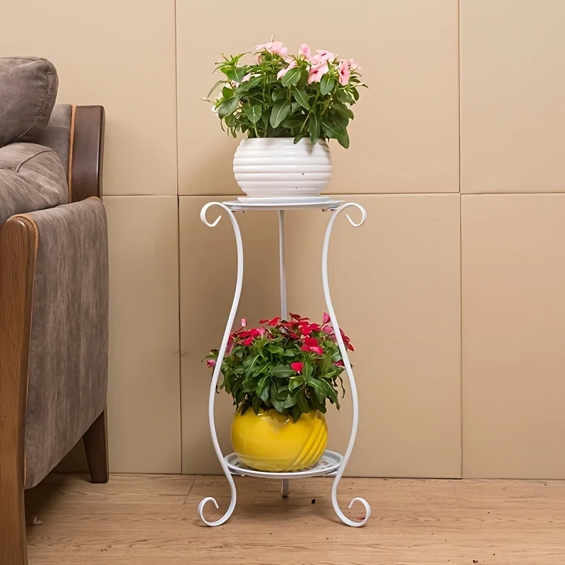 1 Pack, Elegant Double-Layered Metal Flower Rack Stand - Multi-Layer Floor Standing Plant Display with Modern European Style for