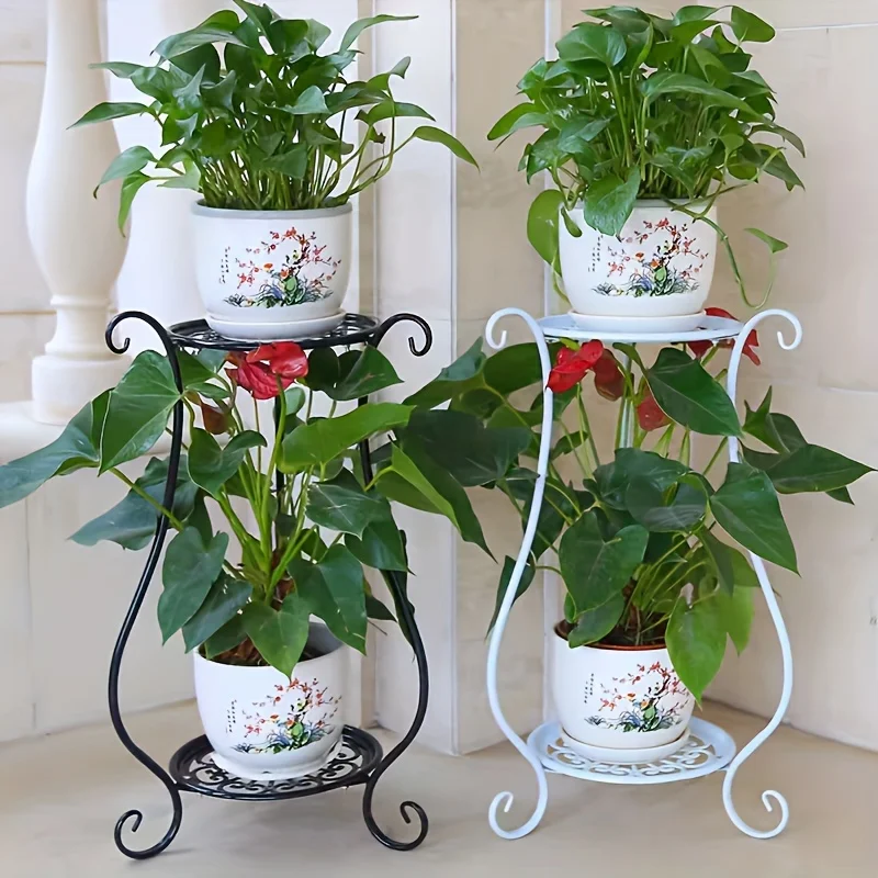 1 Pack, Elegant Double-Layered Metal Flower Rack Stand - Multi-Layer Floor Standing Plant Display with Modern European Style for