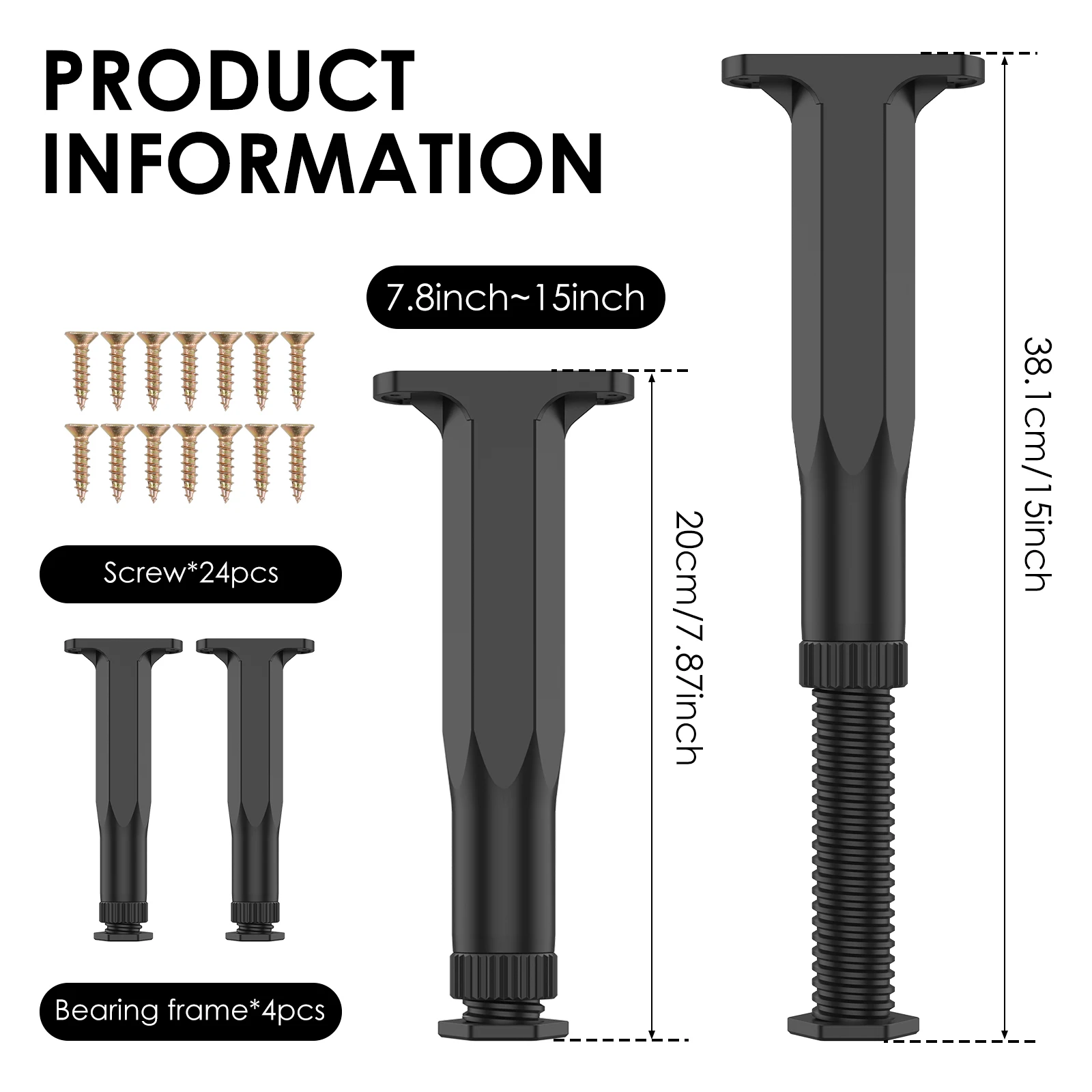4PCS Bed Beam Support Foot Adjustable 7.8-15inch Furniture Heightening Bracket Frame Center Slats Support Leg