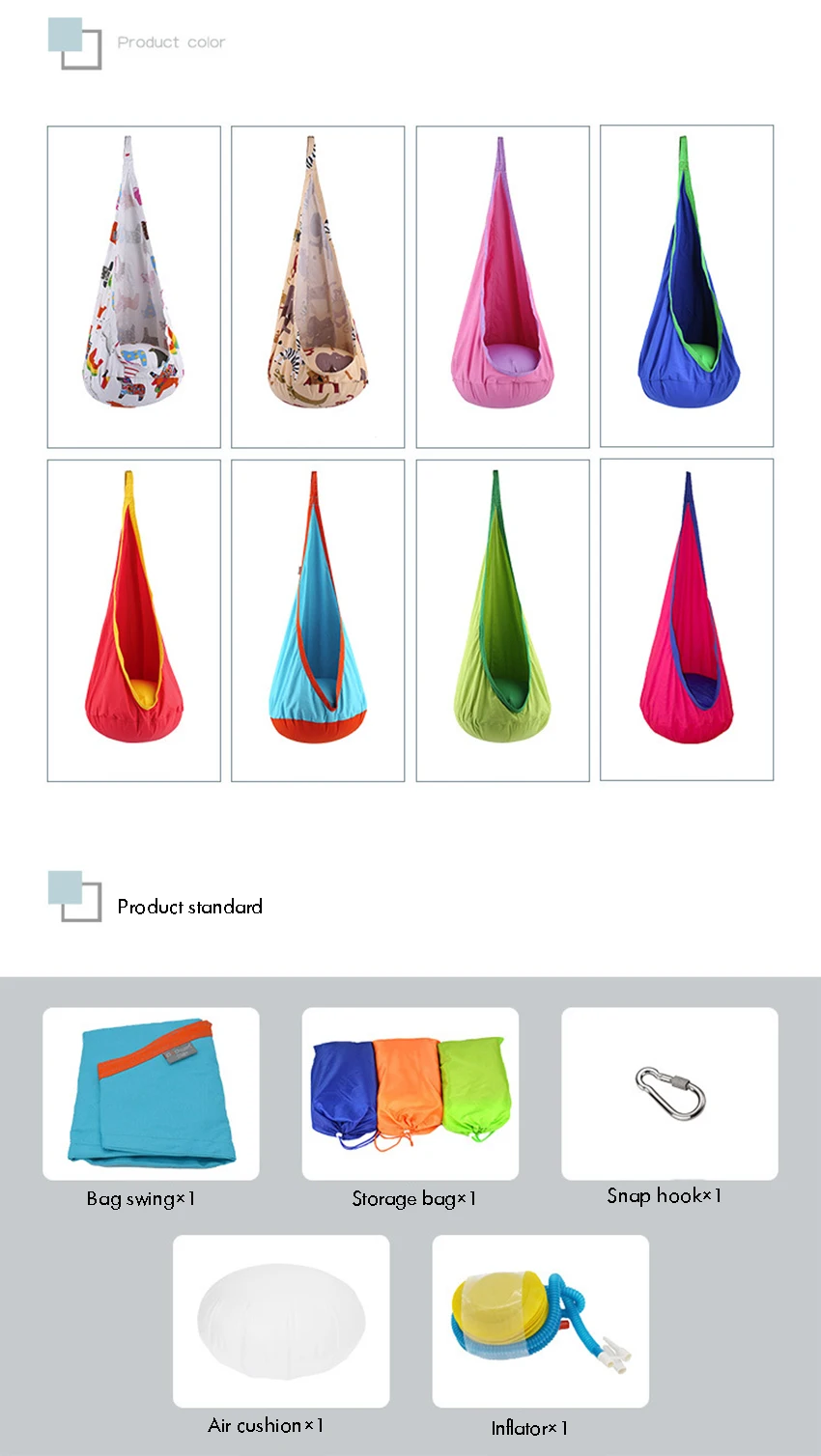 Kids Pod Swing Seat Cotton Canvas Child Hammock Chair with Air Cushion For Indoor And Outdoor Use, With Storage Bag, Inflator