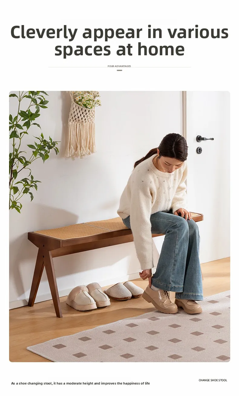 Chandigarh Rattan Bench Entryway Shoe Bench Long Wood Dining Table Stool for Living Room Minimalist Bedroom Footrest Stools