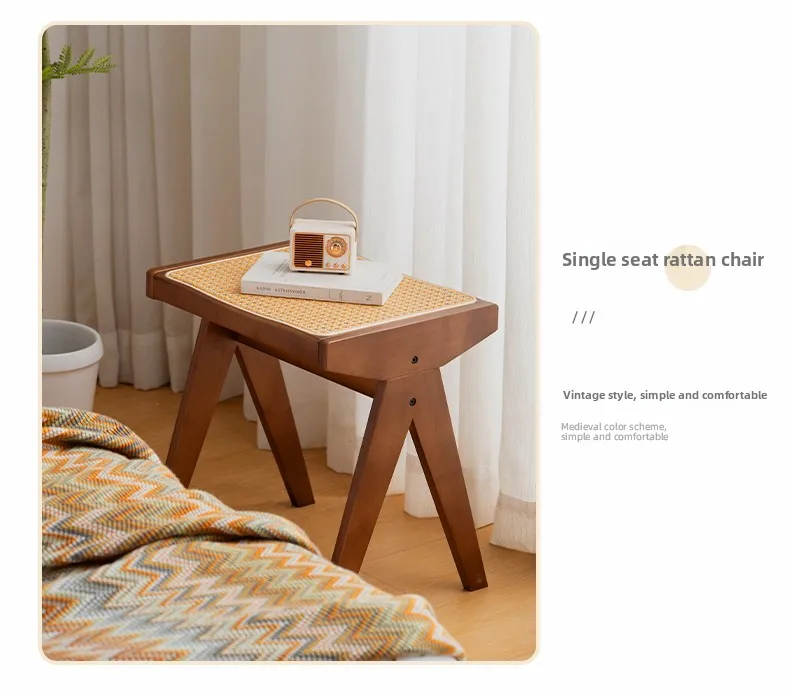 Chandigarh Rattan Bench Entryway Shoe Bench Long Wood Dining Table Stool for Living Room Minimalist Bedroom Footrest Stools