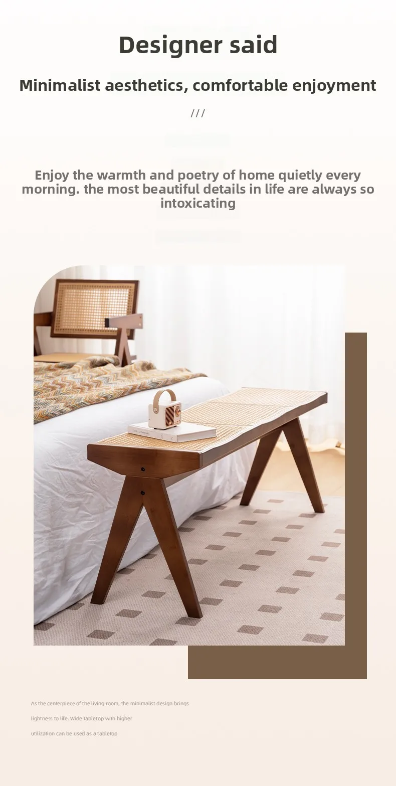Chandigarh Rattan Bench Entryway Shoe Bench Long Wood Dining Table Stool for Living Room Minimalist Bedroom Footrest Stools