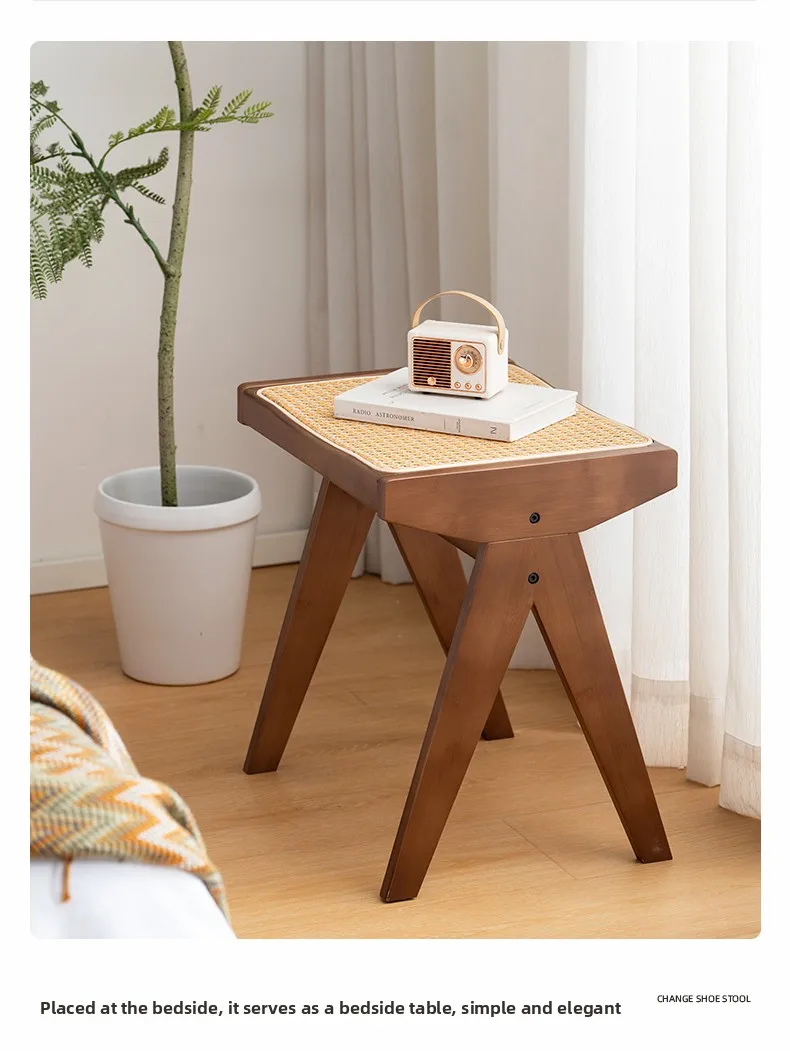 Chandigarh Rattan Bench Entryway Shoe Bench Long Wood Dining Table Stool for Living Room Minimalist Bedroom Footrest Stools