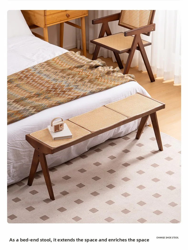 Chandigarh Rattan Bench Entryway Shoe Bench Long Wood Dining Table Stool for Living Room Minimalist Bedroom Footrest Stools