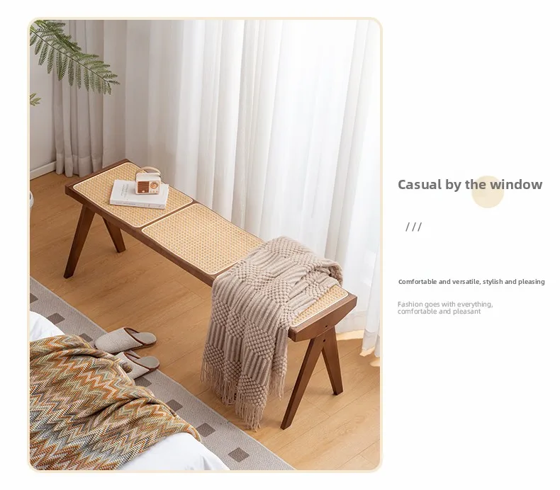 Chandigarh Rattan Bench Entryway Shoe Bench Long Wood Dining Table Stool for Living Room Minimalist Bedroom Footrest Stools