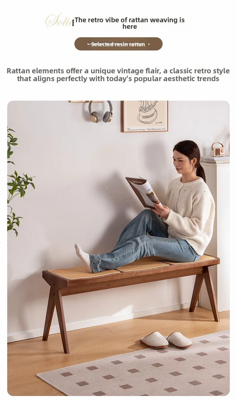 Chandigarh Rattan Bench Entryway Shoe Bench Long Wood Dining Table Stool for Living Room Minimalist Bedroom Footrest Stools