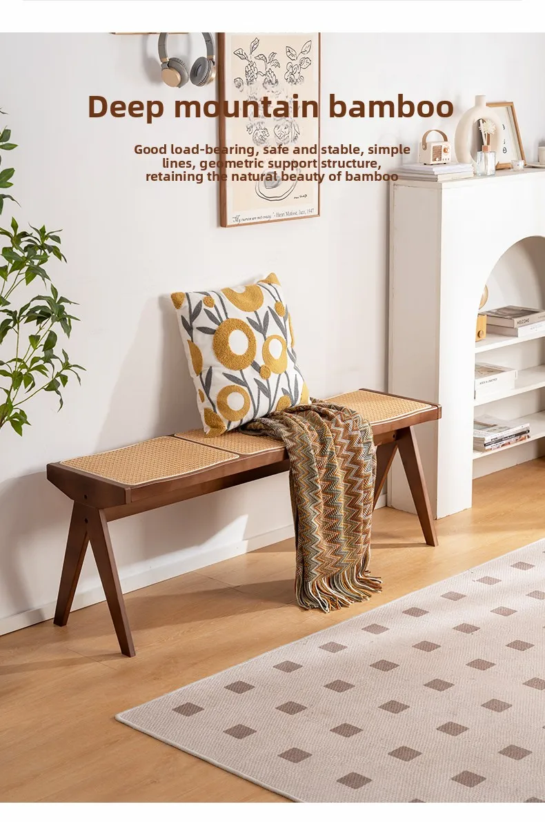 Chandigarh Rattan Bench Entryway Shoe Bench Long Wood Dining Table Stool for Living Room Minimalist Bedroom Footrest Stools