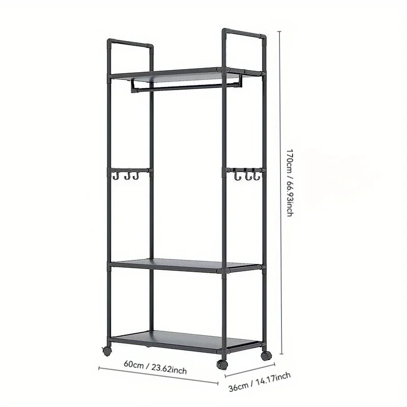 Clothing Storage Rack with Wheels, Hooks & Shelves - Space-Saving Organizer, Durable Freestanding Clothes Organizer for Bedroom