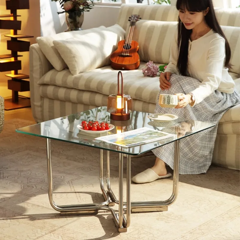 Light Luxury Tea Table Transparent Glass Tea Table Living Room Sofa Side Table Low Tea Tables Stainless Steel Square Side Tables