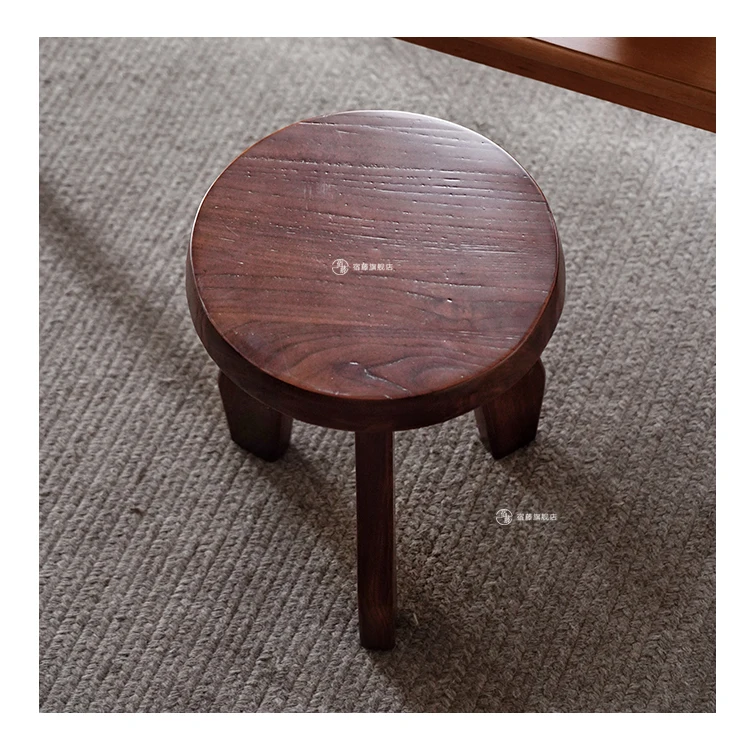 Japanese Elm Wood Step Stools Wabi-Sabi Style Low Bench Minimalist Entryway Seat Rustic Side Table for Living Room & Bedroom