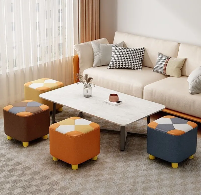 Wooden Waterproof Square Living Room Stools Colorful Creative Design Soft Bedroom Ottoman Simple Cute Modern Home Furniture