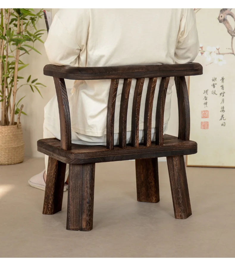 Solid Wood Chinese Vintage Lounge Chair Zen Courtyard Stool with Round Backrest & Oriental Tea Ceremony Seating for Balcony