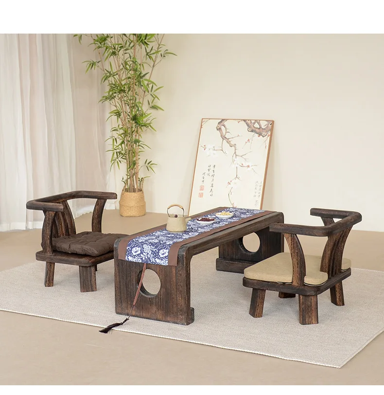 Solid Wood Chinese Vintage Lounge Chair Zen Courtyard Stool with Round Backrest & Oriental Tea Ceremony Seating for Balcony