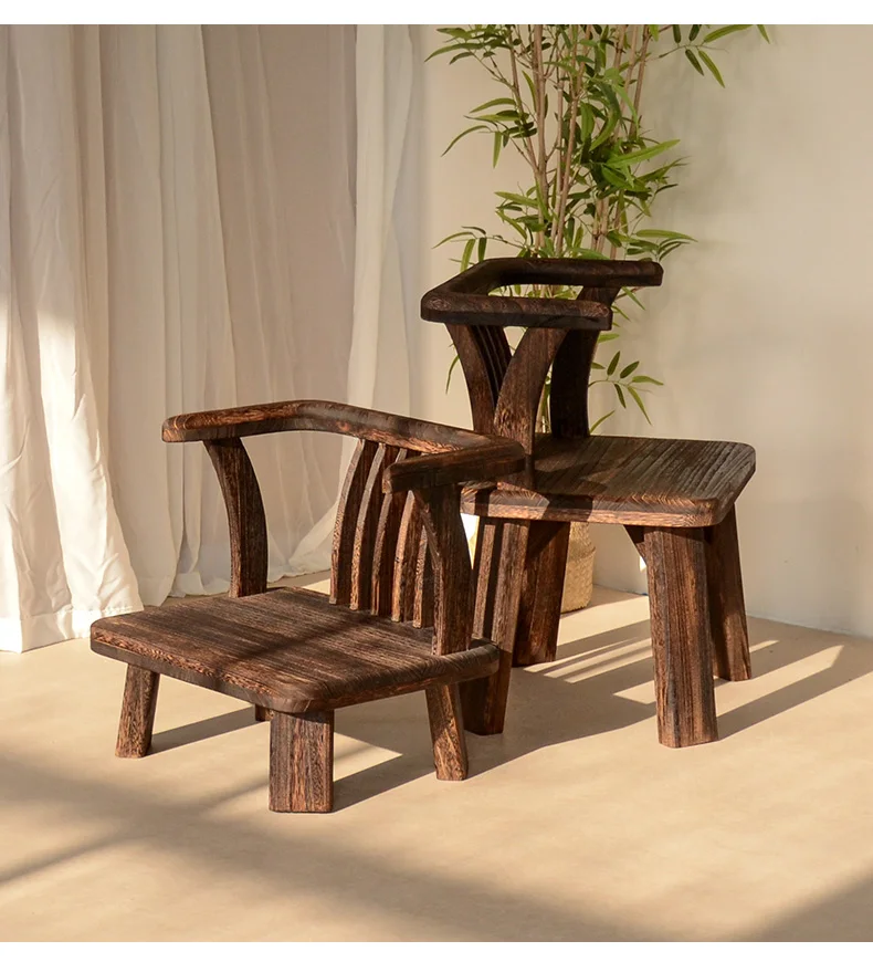 Solid Wood Chinese Vintage Lounge Chair Zen Courtyard Stool with Round Backrest & Oriental Tea Ceremony Seating for Balcony