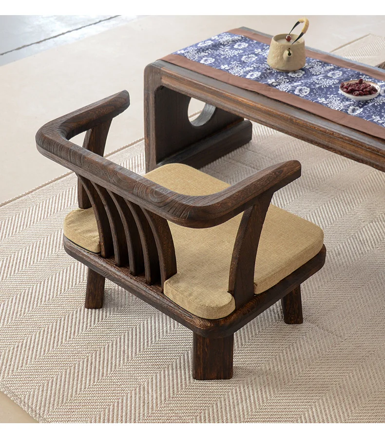 Solid Wood Chinese Vintage Lounge Chair Zen Courtyard Stool with Round Backrest & Oriental Tea Ceremony Seating for Balcony