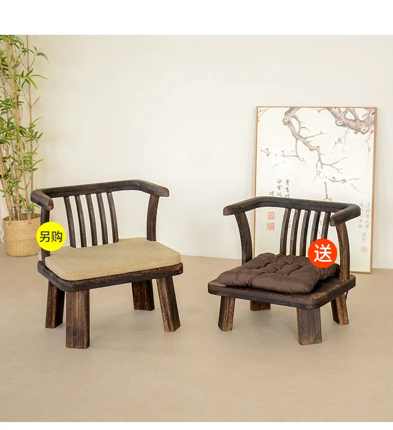 Solid Wood Chinese Vintage Lounge Chair Zen Courtyard Stool with Round Backrest & Oriental Tea Ceremony Seating for Balcony