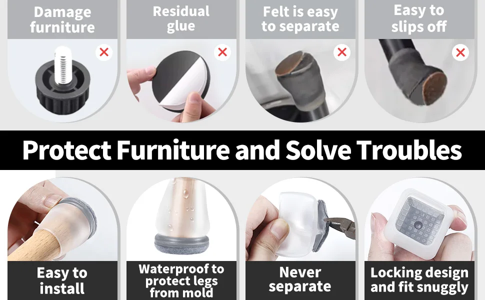 8PCS Grey Chair Leg Floor Protectors with Thick Wrap Felt Pads Silicone Furniture Foot Cover Table Feet Protect Floors