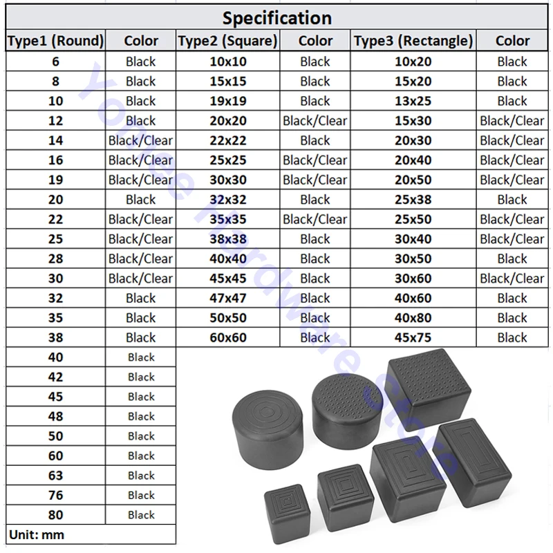  Black Round Soft PVC Table Chair Leg Tube Cap Anti-Skid Floor Protector Caps 6mm-76mm Floor Protector Pads