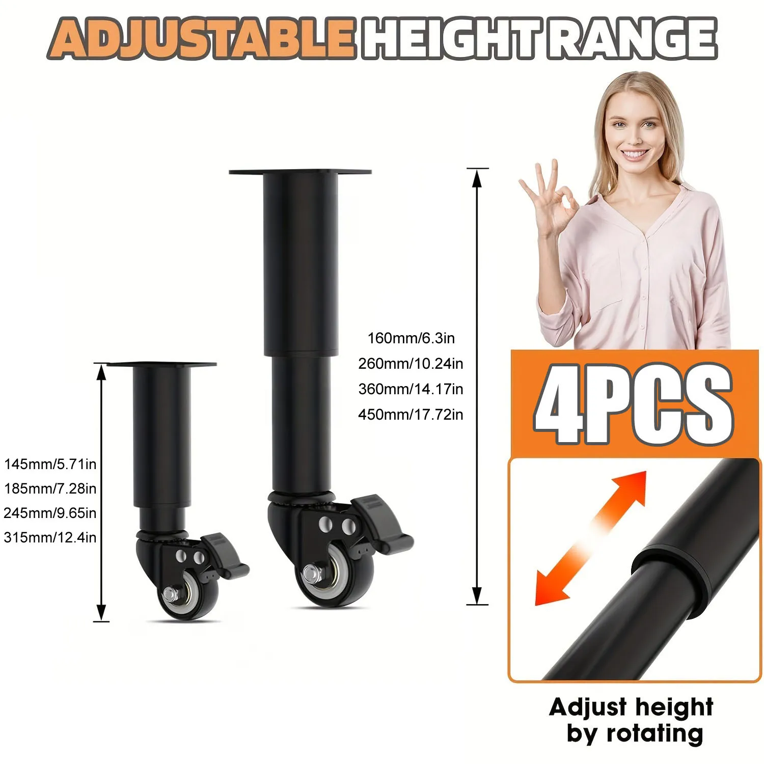 4pcs Metal Extendable Furniture Legs with Casters, Table Legs,with Heavy-Duty Replacement for Cabinets, Sofas, Desks, Dressers