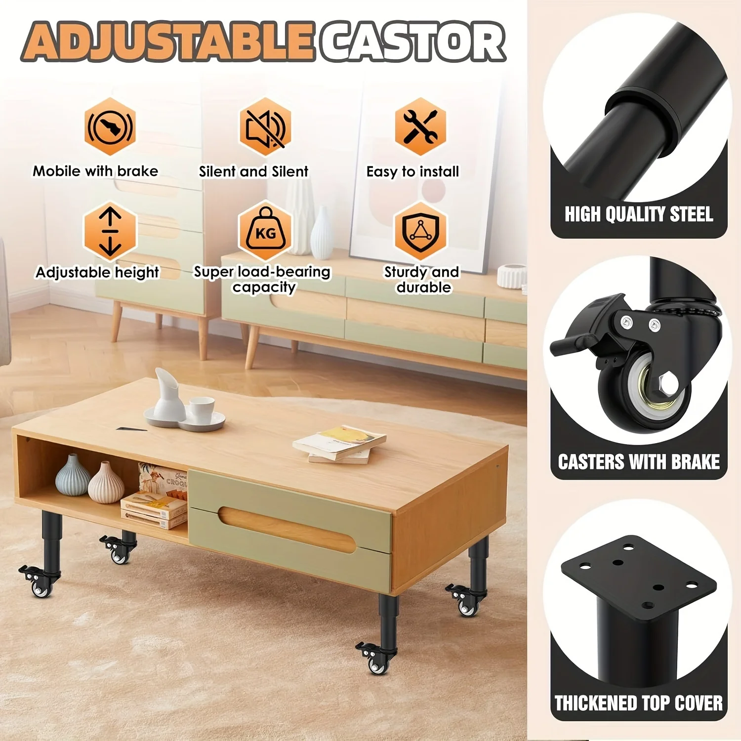 4pcs Metal Extendable Furniture Legs with Casters, Table Legs,with Heavy-Duty Replacement for Cabinets, Sofas, Desks, Dressers