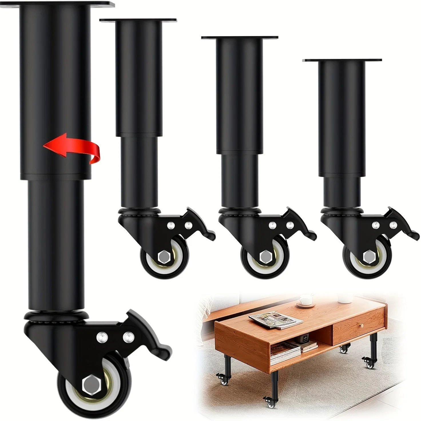 4pcs Metal Extendable Furniture Legs with Casters, Table Legs,with Heavy-Duty Replacement for Cabinets, Sofas, Desks, Dressers