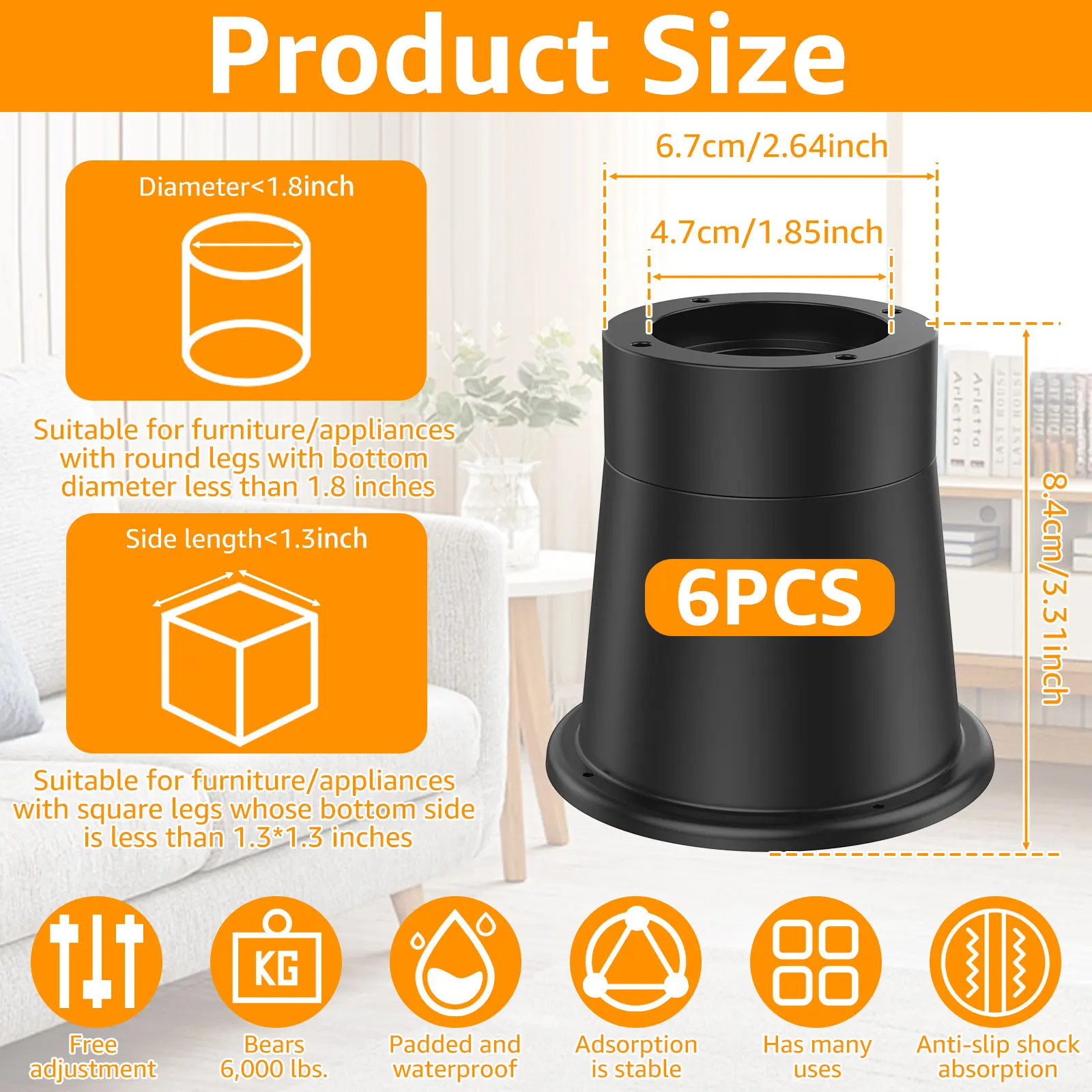 4/6Pcs Furniture Feet Leg Heightening Pads Round Rubber Risers Supports Up to 6000 lbs Lifts Table Chair Desk Sofa Protector