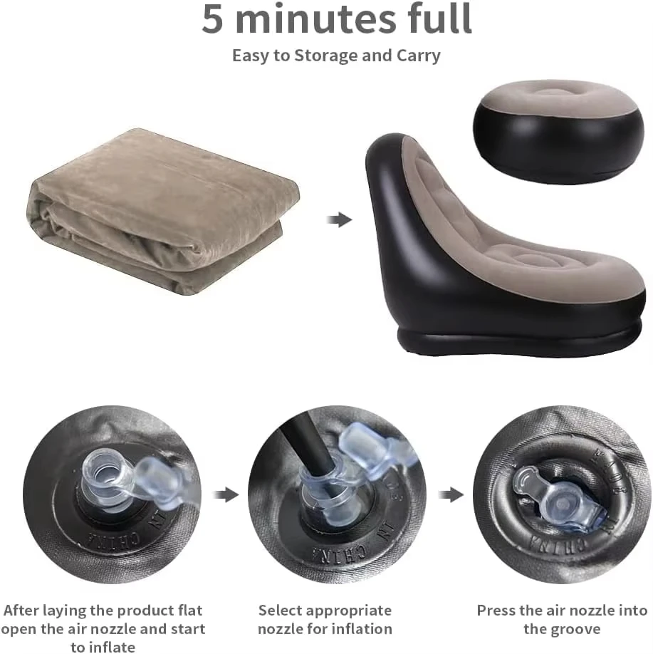 2Pcs Lazy Sofa Inflatable Chair Folding Recliner (Sofa + Footrest) Outdoor Sofa Bed with Footrest Indoor and Outdoor Portable Fo