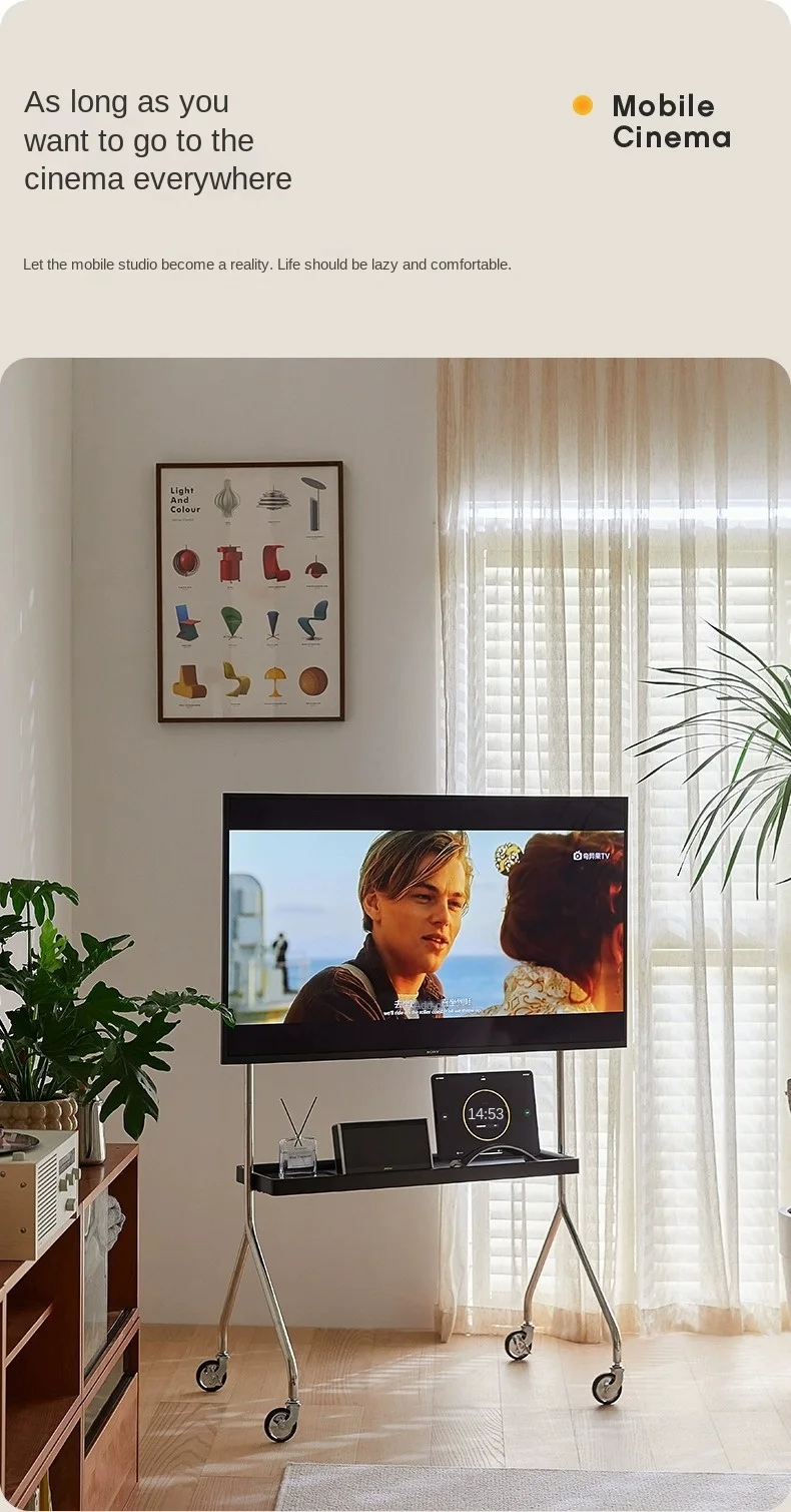 Stainless Steel TV Stand Home Small Household TV Bracket Movable Scandinavian Retro Floor Living Room Monitor TV Shelf