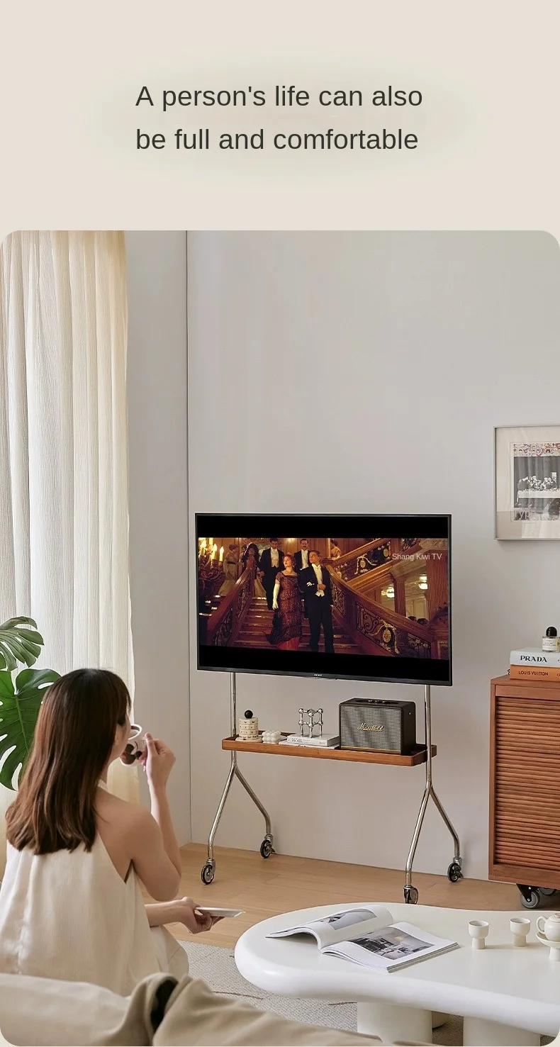 Stainless Steel TV Stand Home Small Household TV Bracket Movable Scandinavian Retro Floor Living Room Monitor TV Shelf
