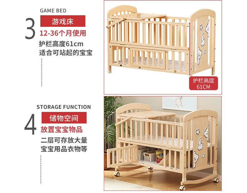 Wood Baby Crib with Diaper Table Newborn Baby Bed Multifunctional Baby Rocking Bed with Wheels and Mosquito Net