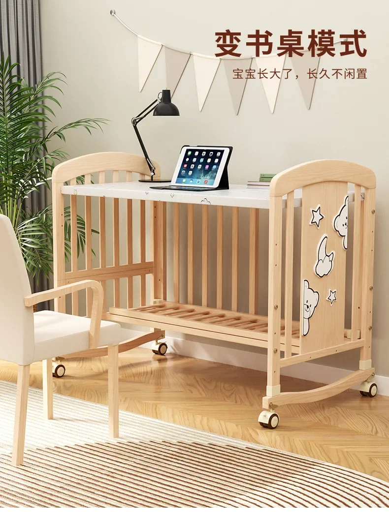 Wood Baby Crib with Diaper Table Newborn Baby Bed Multifunctional Baby Rocking Bed with Wheels and Mosquito Net