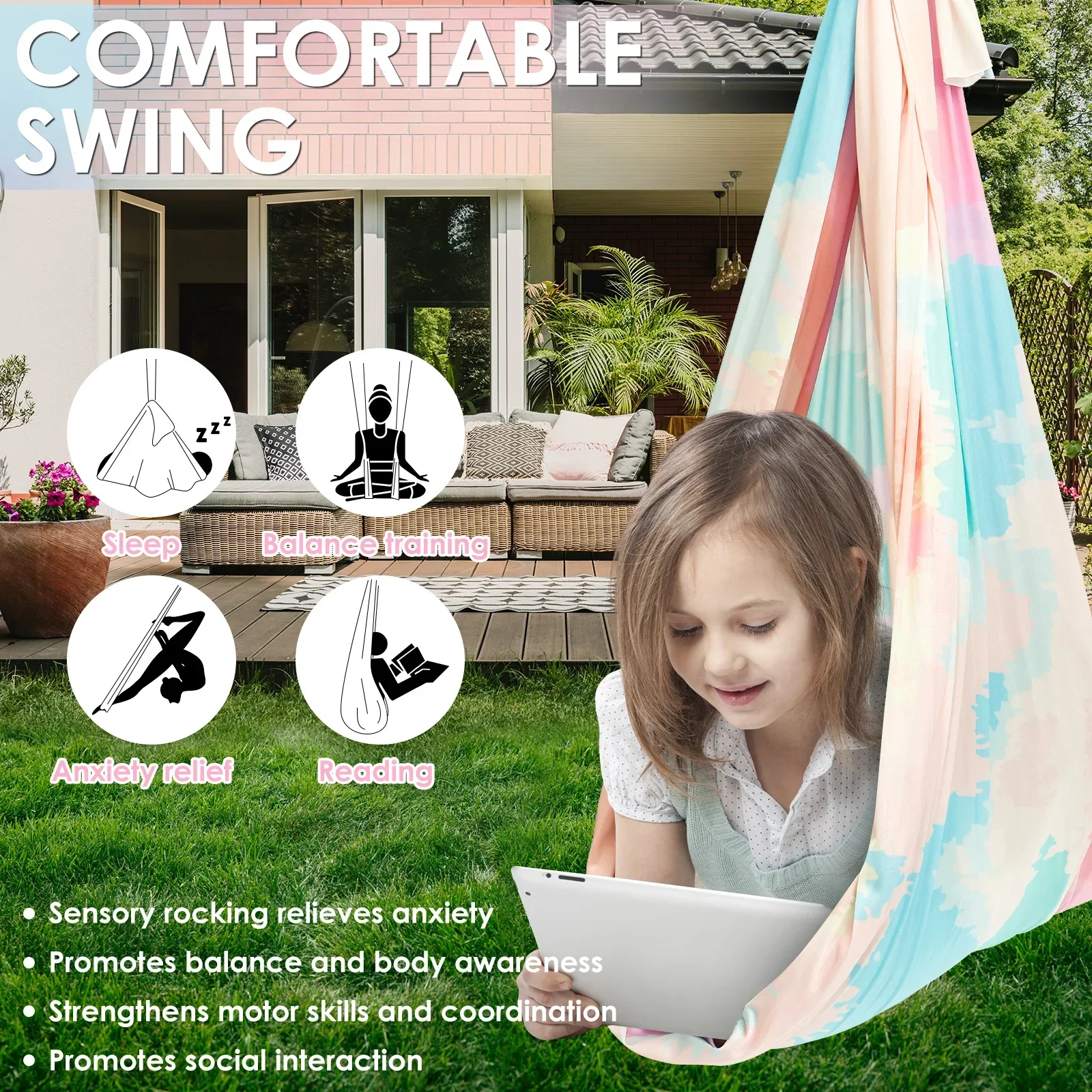 Sensory Swing Comfortable Kids Sensory Hammock Holds up to 200 lbs Indoor Cuddle Swing with 360° Swivel Hardware for Children