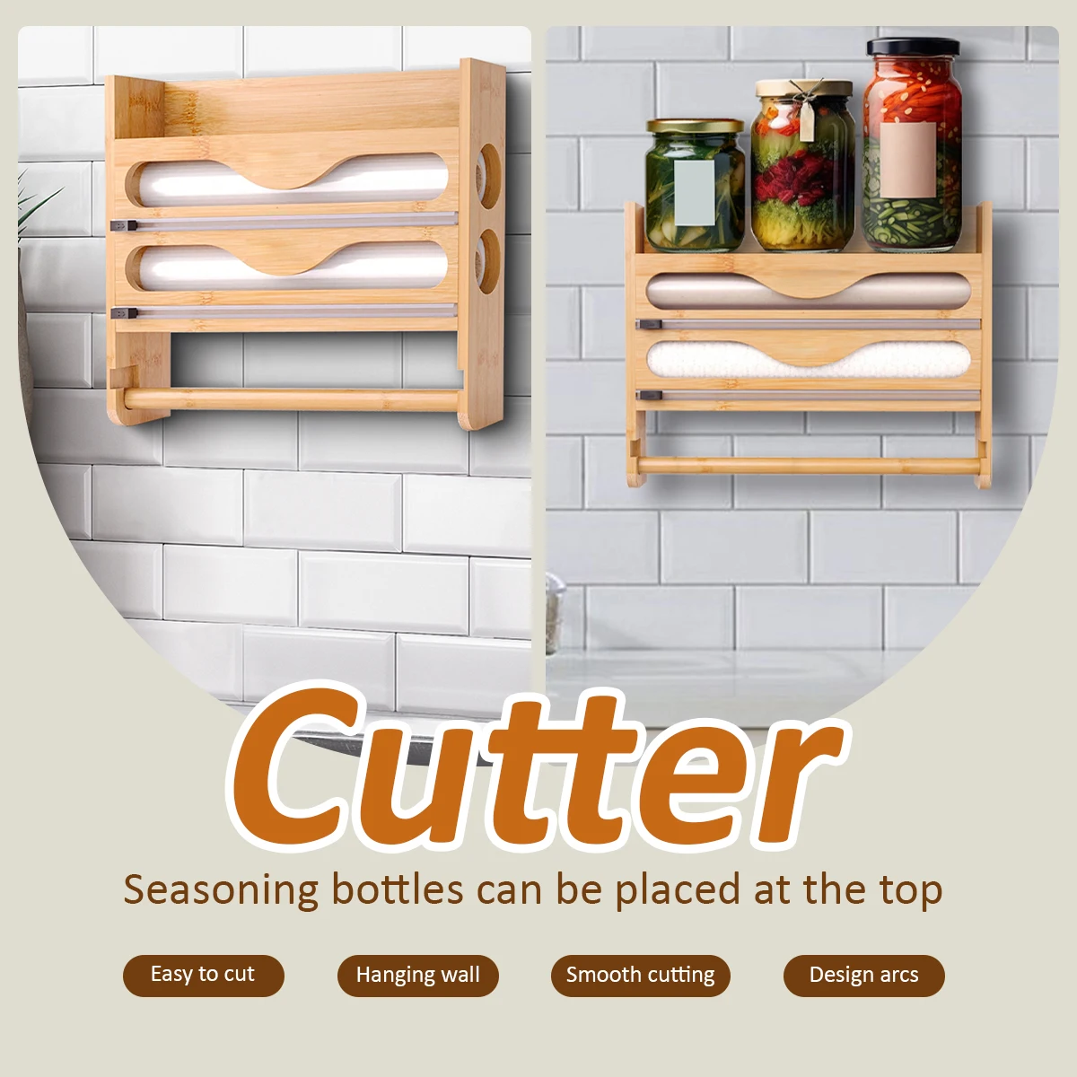 Bamboo 2-Compartment Storage Box with Wall-Mounted Paper Towel Holder & Cutter - Foil & Plastic Wrap Organizer for Kitchen