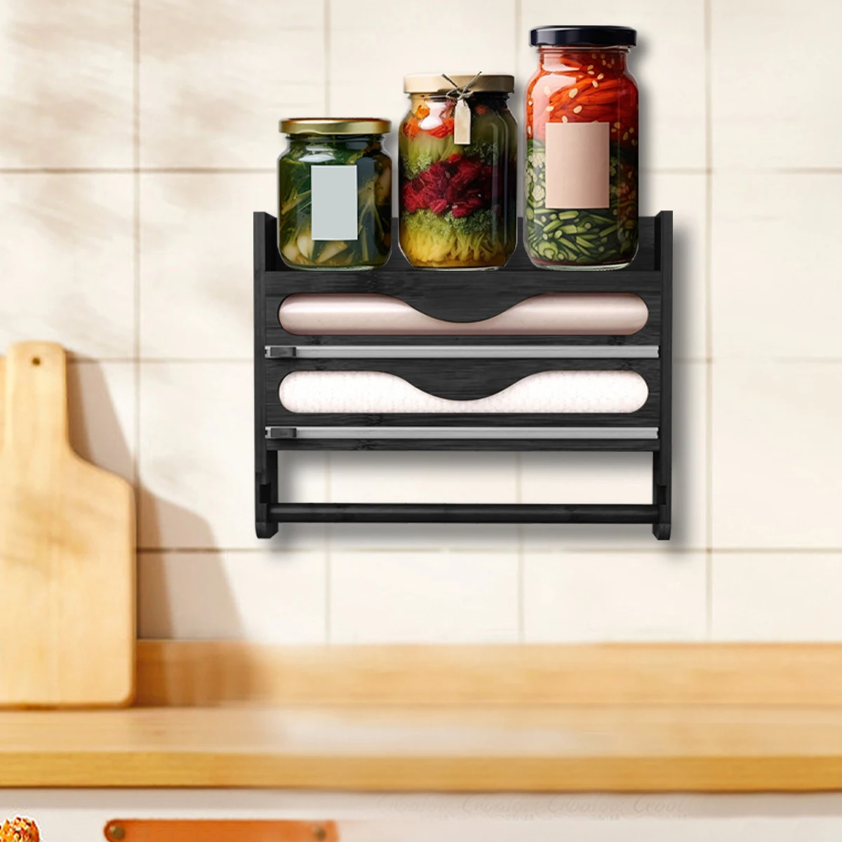 Bamboo 2-Compartment Storage Box with Wall-Mounted Paper Towel Holder & Cutter - Foil & Plastic Wrap Organizer for Kitchen