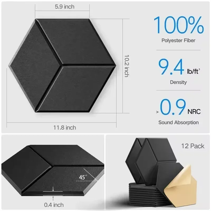 12 Pcs Self-Adhesive Hexagon Sound Insulation Foam Panel Home Studio Office Decoration Sound Insulation Panel Wall Sticker