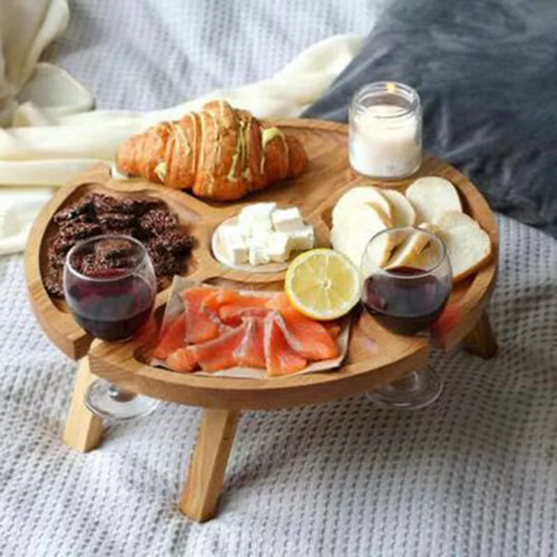 Portable Folding Picnic Table Family Lovers Outdoor Party Goblet Holder Wine Rack 2in1 Fruit Snacks Wooden Travel Dining Table