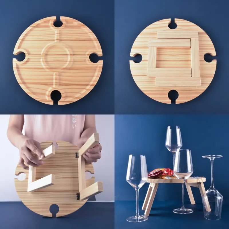 Portable Folding Picnic Table Family Lovers Outdoor Party Goblet Holder Wine Rack 2in1 Fruit Snacks Wooden Travel Dining Table