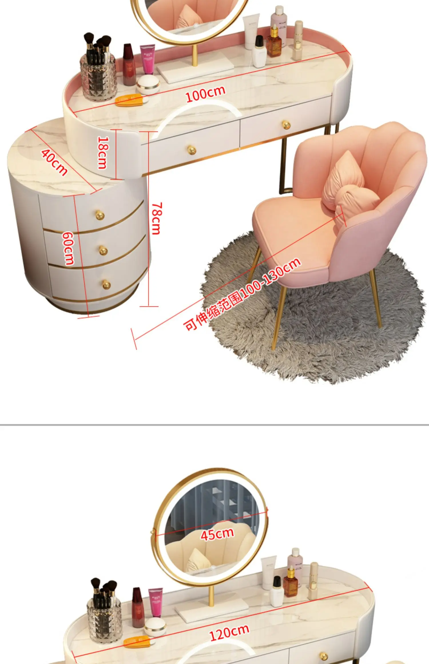 Pink White Vanity Table Women Luxury Nail European Big Stool Study Dressing Table Organizer Mesa De Maquillaje Home Furniture