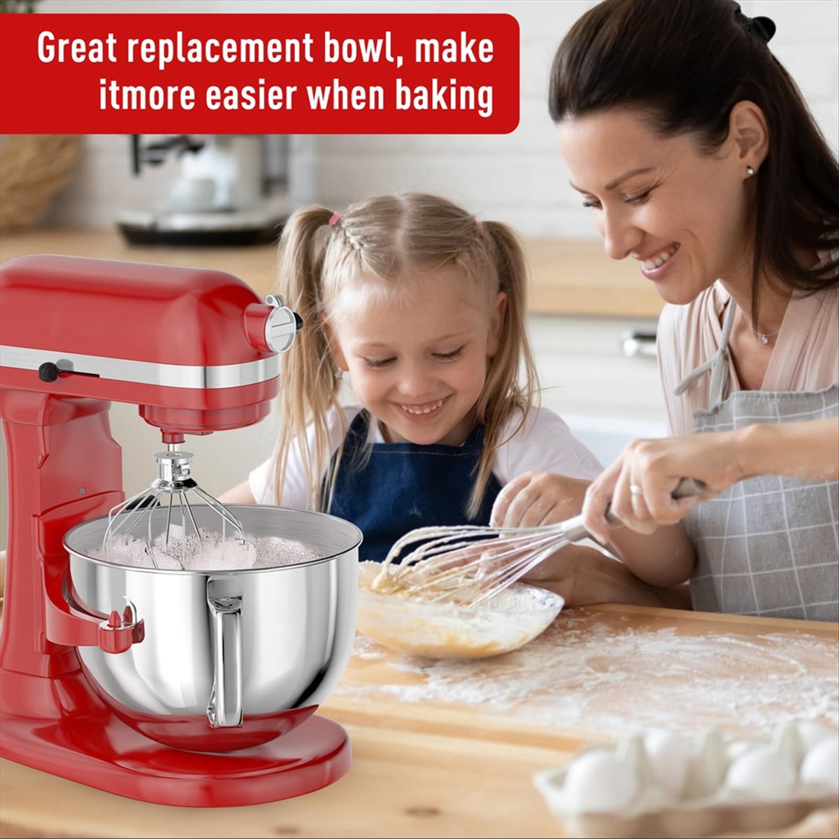 6QT Stainless Steel Mixer Bowl For Stand Mixers, Kitchen Aid Mixing Bowl For 6QT Tilt-Head Mixer With Handle