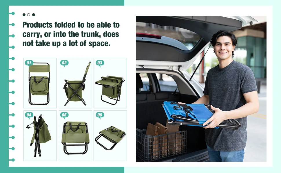 Fishing Chair with Cooler Bag Foldable Fishing Stool Supports 220Lbs Portable Backrest Lightweight Folding Chair Outdoor Camping