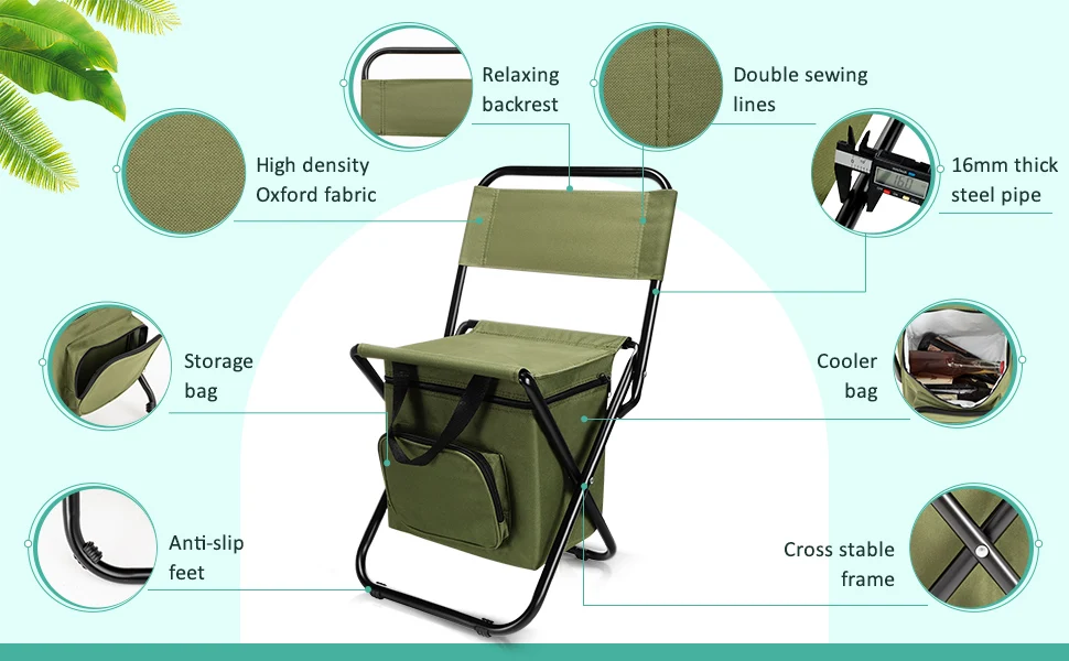 Fishing Chair with Cooler Bag Foldable Fishing Stool Supports 220Lbs Portable Backrest Lightweight Folding Chair Outdoor Camping