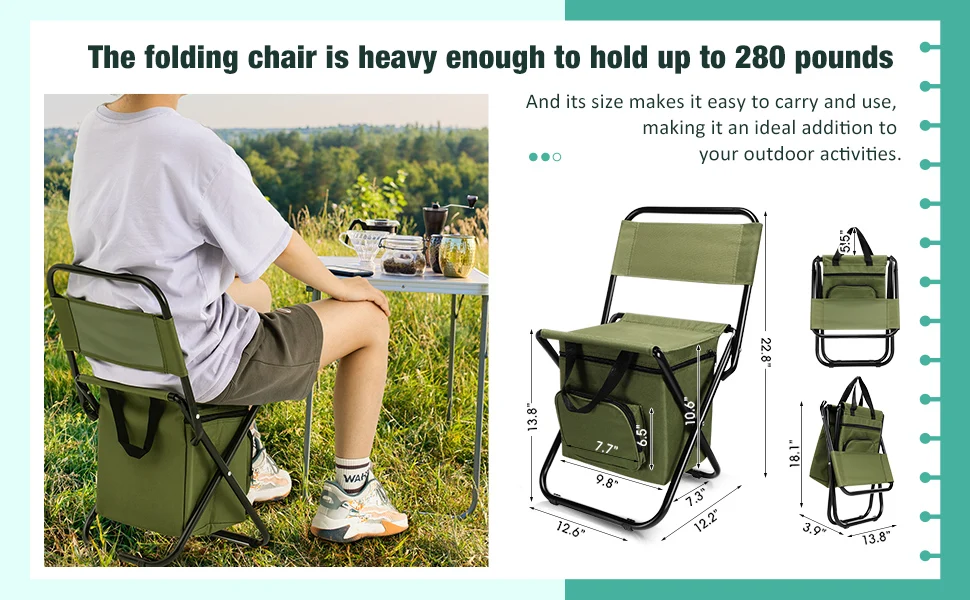 Fishing Chair with Cooler Bag Foldable Fishing Stool Supports 220Lbs Portable Backrest Lightweight Folding Chair Outdoor Camping