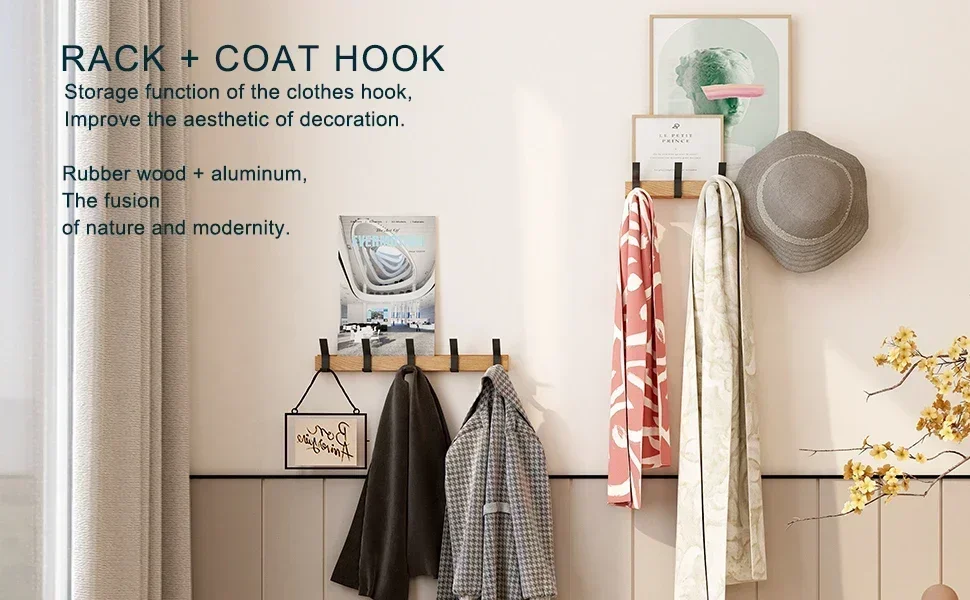 Nordic Wall Mounted Aluminum Metal Hanger Hanger Removable 5 Hooks for Towels, Hats, Bathrobes and Wooden Hangers
