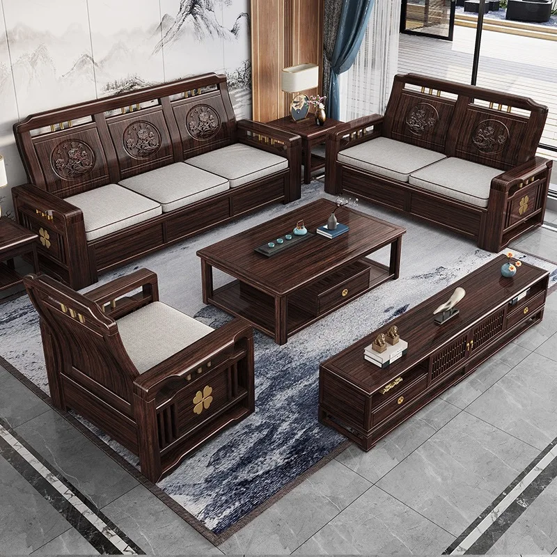 CZ New Chinese Style Solid Wood Sofa Purple Sandalwood Combination Small Apartment Modern Simple Living Room Wooden Furniture