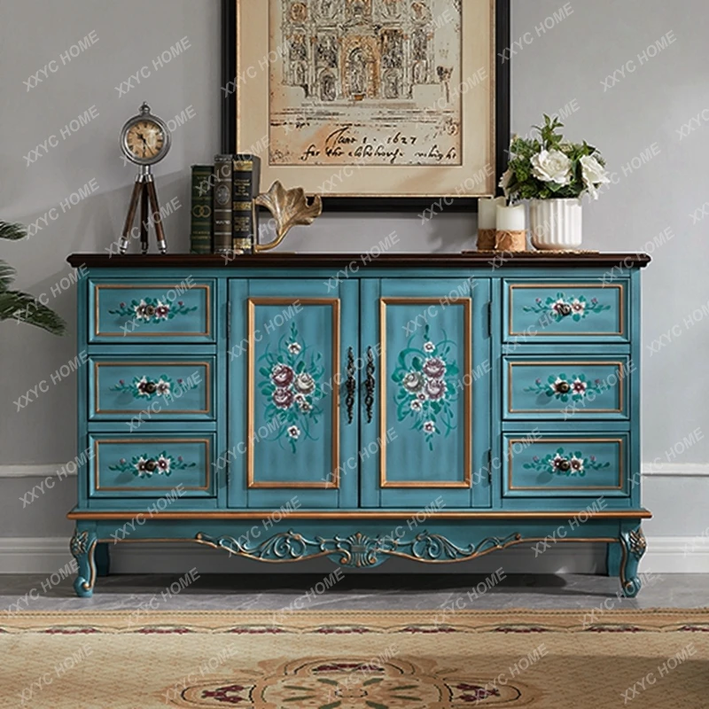Sideboard Cabinet Solid Wood Rustic Entryway Cabinet Vintage Painted Storage Cabinet
